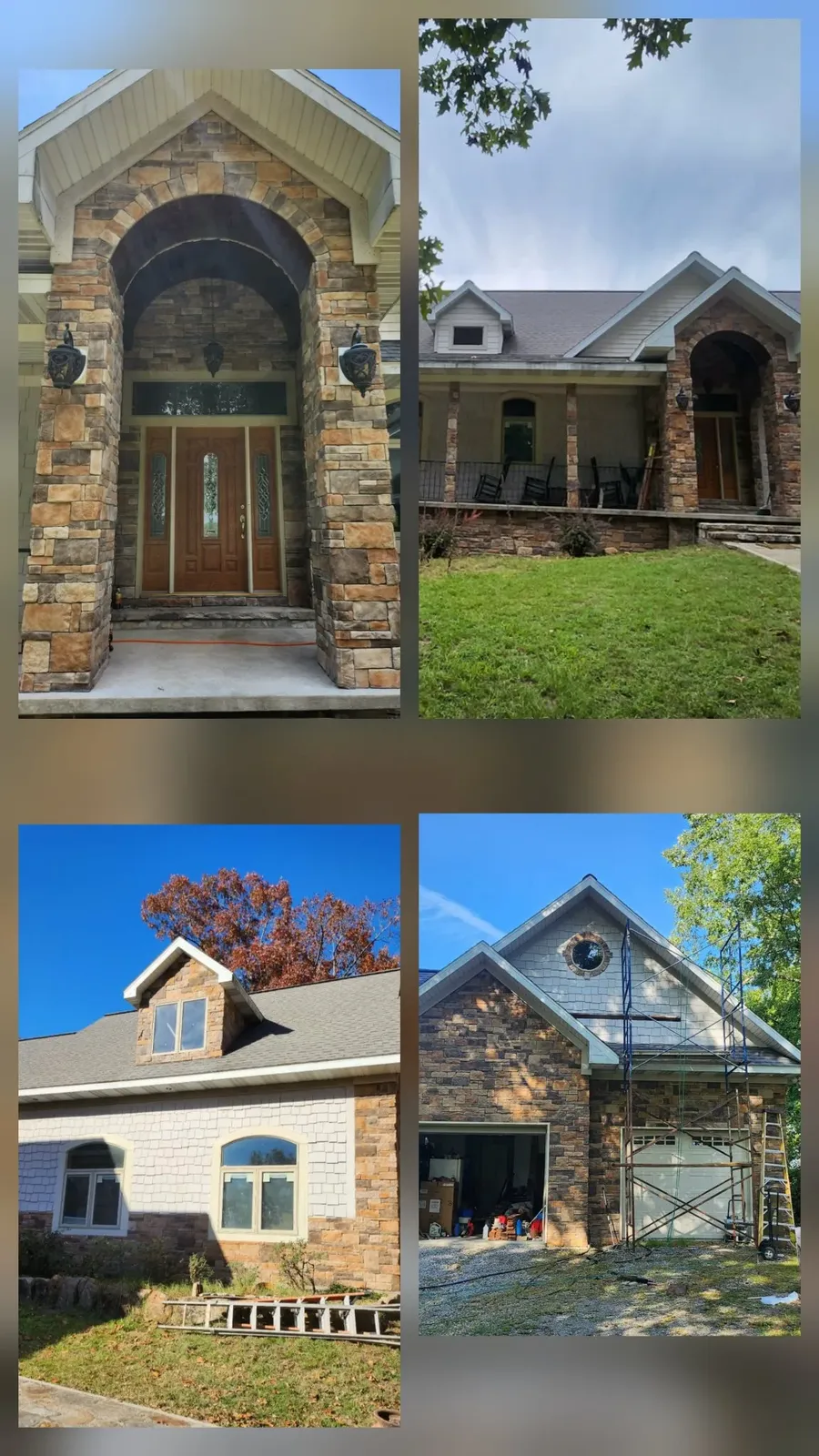 Collage of a home with an arched stone entryway, stone porch columns, a stone dormer and a stone garage gable in warm brown stone