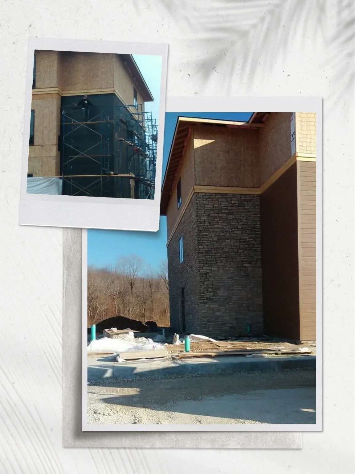 Scrapbook-style collage of the Indiana hotel project: scaffolding going up and the finished tall stone wall