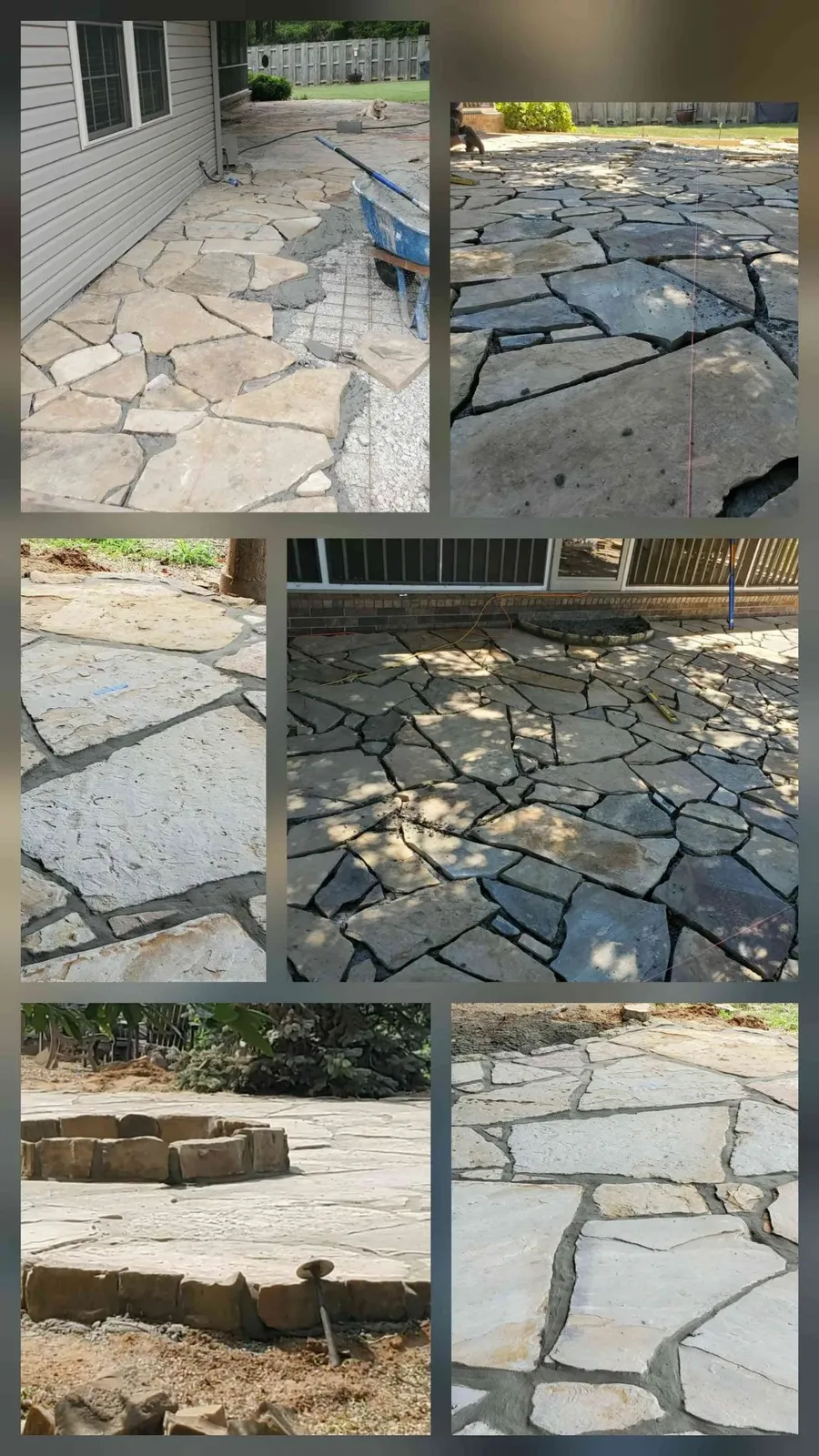 Collage of a natural flagstone patio being laid over a concrete slab, with finished views and a stone fire pit