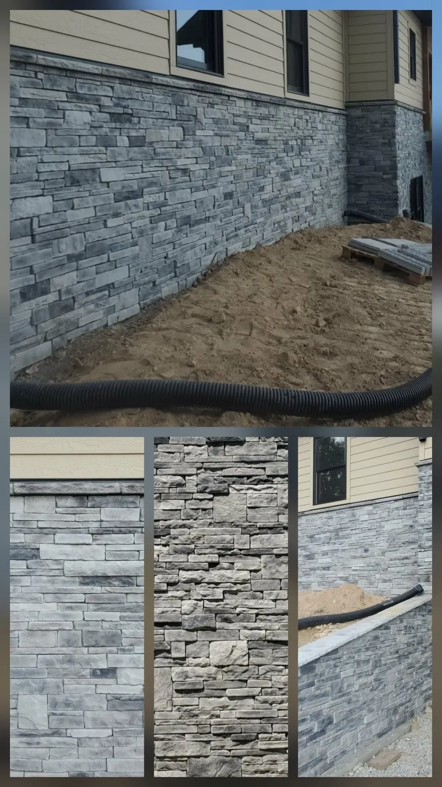 Collage of gray stacked stone foundation walls and a capped retaining wall, with close-up views of the stone