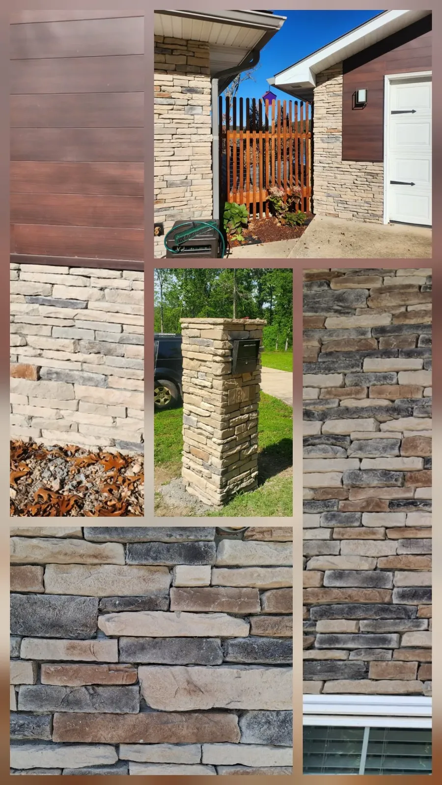 Collage of tan and gray ledge stone on house corners and a stone mailbox pillar, with close-up views of the stone