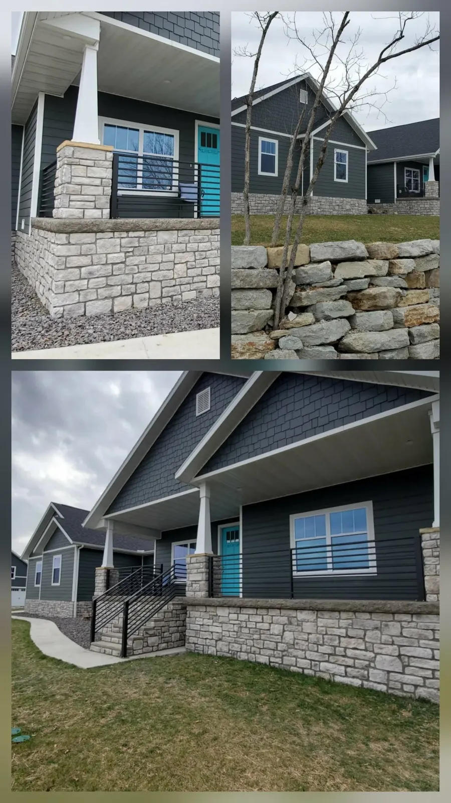 Collage of a house with light gray stone porch foundation, column bases and steps, plus a natural rock retaining wall